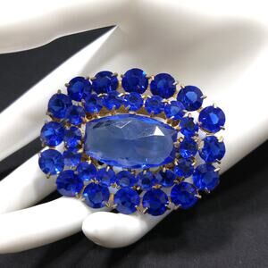 Cobalt Blue Glass Rhinestone Brooch, Large Center Blue Stone, 1940s Vintage